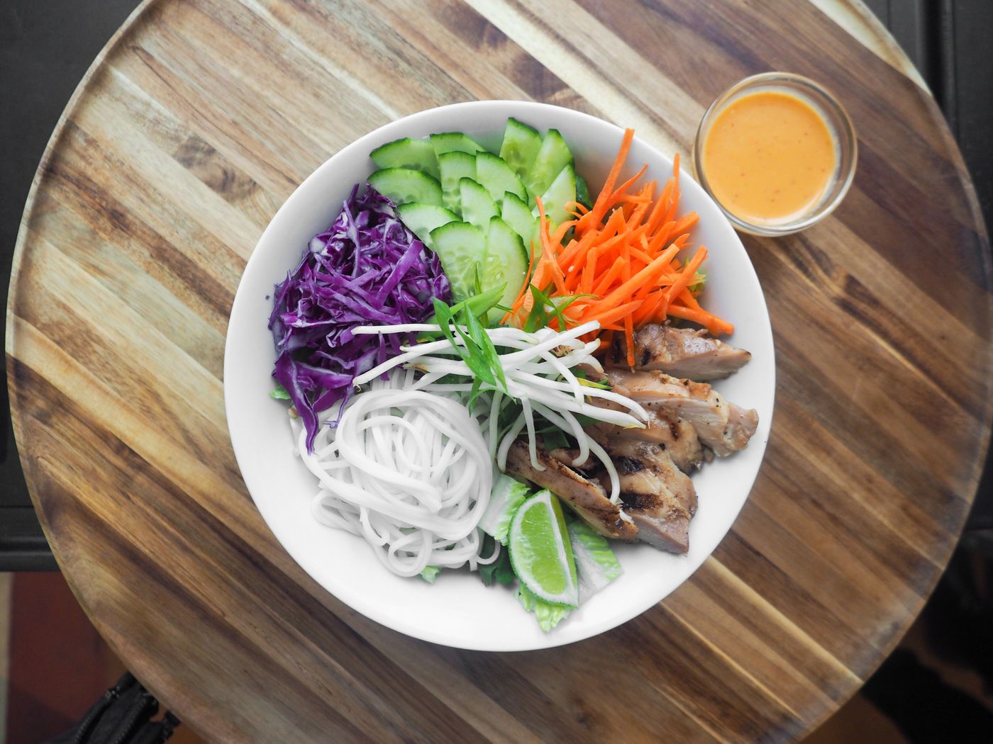 Chicken and a colorful vegetable bowl prepared for lunch