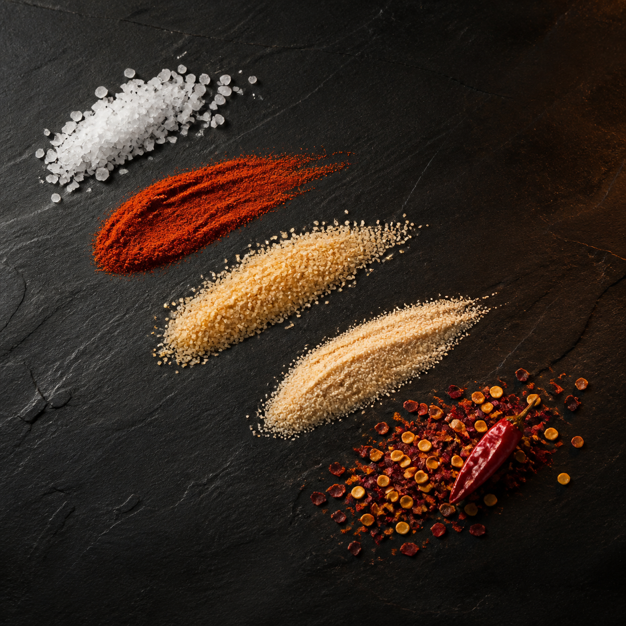 Sea salt, cayenne pepper, granulated onion, granulated garlic, and chili pepper pictured on dark stone
