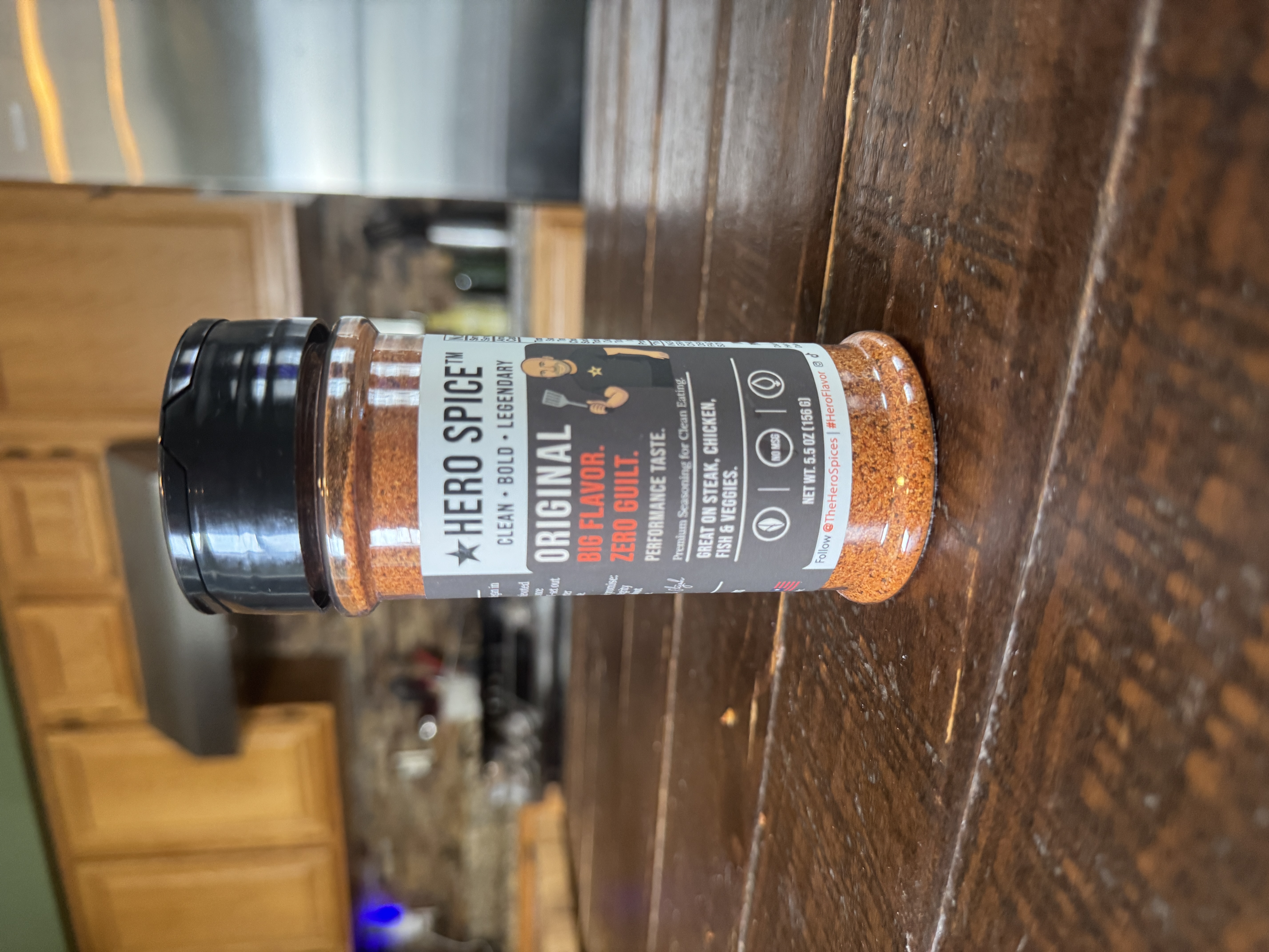 A real Hero Spice Original shaker on a kitchen counter